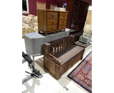 A pair of pine bedside chests, a grey painted sideboard and a rustic bench