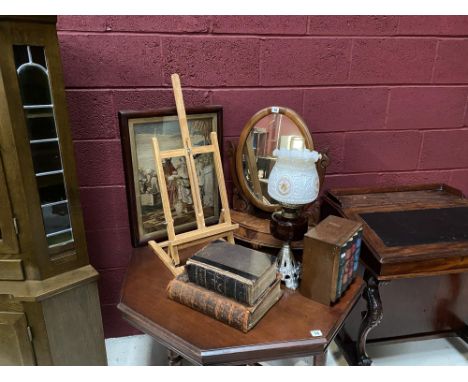 An artist's easel, oil lamp, mahogany mirror etc.