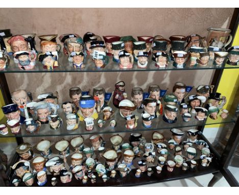 A shelf of medium, small and miniature Royal Doulton Character jugs