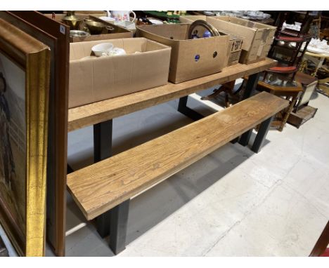 An Industrial Design plank top refectory table, 200cm W, 86cm D, with long bench, 200cm W, 25cm D
