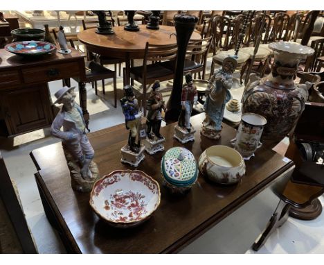 Pair of Continental bisque figures, selection of Doulton, Military figures etc.