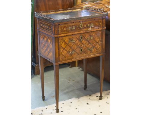 PETITE COMMODE, late 18th century French Louis XVI kingwood, tulipwood, parquetry, satinwood, marquetry and gilt metal with g