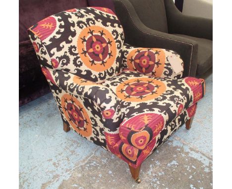 BEAUMONT & FLETCHER ARMCHAIR, Howard style, in floral fabric on square castor supports, 79cm W.