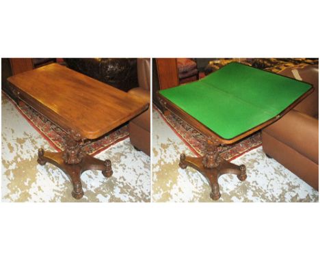 CARD TABLE, mid 19th century William IV rosewood and simulated rosewood with baize lined foldover top raised on an acanthus l