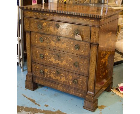 DUTCH COMMODE, early 19th century Dutch mahogany and satinwood floral and foliate marquetry with four long drawers and block 