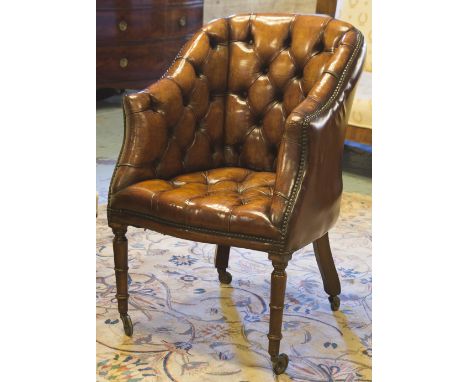 LIBRARY ARMCHAIR, 19th century English leaf brown button leather upholstered with turned front supports and castors, 62cm W.