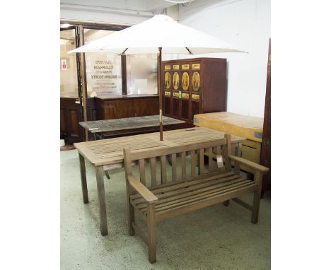 GARDEN TABLE AND LISTER BENCH, weathered teak and slatted rectangular table English made, 183cm x 90cm x 72cm together with p