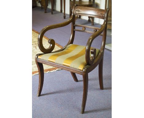 OPEN ARMCHAIR, Regency mahogany with striped drop in seat, 54cm W. (with faults)