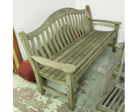 GARDEN BENCH, slatted weathered teak on square supports, 157cm L.