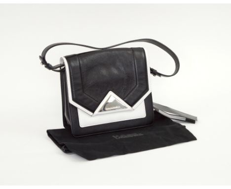 KARL LAGERFELD K KLASSIC CROSSBODY BAG, black and white leather, with adjustable shoulder strap, silver tone hardware, front 