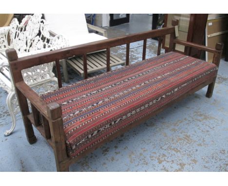 BENCH, hardwood with kilim style cushion, 66cm D x 83cm H x 198cm W.
