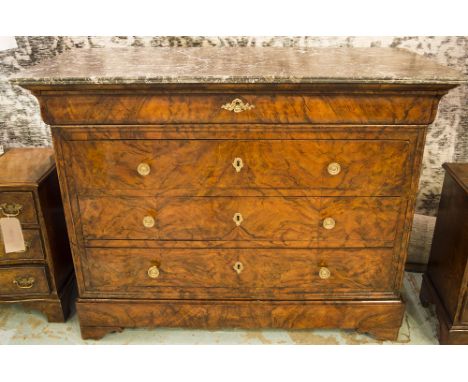 COMMODE, 19th century, French Louis Philippe figured walnut with four long drawers and St Annes grey marble top, 99cm H x 127