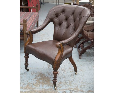 LIBRARY ARMCHAIR, Victorian oak in buttoned back brown ostrich leather, 70cm W.