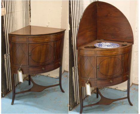 CORNER WASHSTAND, Regency, ebonised strung and mahogany ith lift up top/back above a door and drawer with copeland spode basi