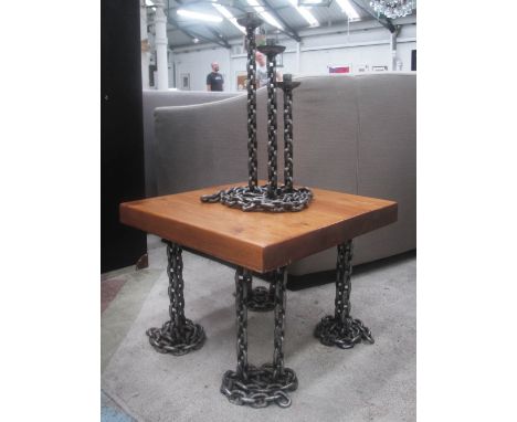 OCCASIONAL TABLE AND CANDELABRA, bespoke made with a block top on welded chain supports and a welded chain candelabra 56cm sq