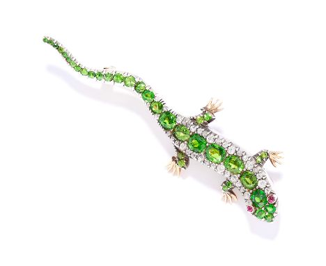 ANTIQUE DEMANTOID GARNET, RUBY AND DIAMOND SALAMANDER / LIZARD BROOCH in high carat yellow gold and silver, set with cushion 