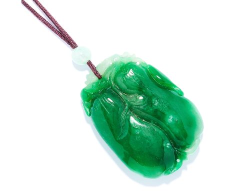 CARVED JADEITE JADE PENDANT comprising of a polished jade ball and a carved jadeite jade plaque pendant, 5.4cm.