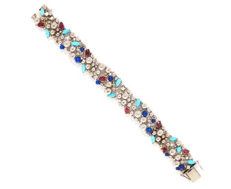 RUBY, TURQUOISE AND LAPIS LAZULI BRACELET, STUART DEVLIN FOR COLLINGWOOD in 18ct white gold, set with pear cut rubies totalli