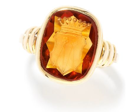 ANTIQUE CARVED CITRINE INTAGLIO SEAL / SIGNET RING in high carat yellow gold, the cushion shaped citrine reverse carved with 