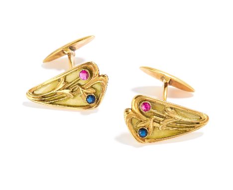 ANTIQUE IMPERIAL RUBY, SAPPHIRE AND ENAMEL CUFFLINKS RUSSIAN CIRCA 1910 in 56 zolotnik yellow gold, the stylised faces with f