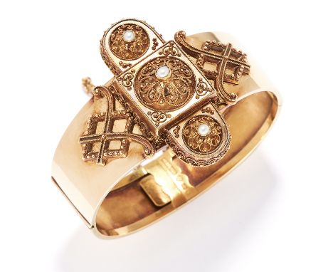 ANTIQUE PEARL BANGLE, SWEDISH, CIRCA 1875 in 18ct yellow gold, set with seed pearls in gold filigree border, Swedish hallmark