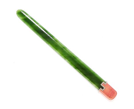 ART DECO JADE, DIAMOND AND ENAMEL LETTER OPENER in white gold or platinum, comprising of a a single piece of polished jade wi