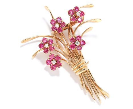VINTAGE RUBY AND DIAMOND FORGET ME NOT FLOWER BROOCH BROOCH, ATTRIBUTED VAN CLEEF &amp; ARPELS in high carat yellow gold, com