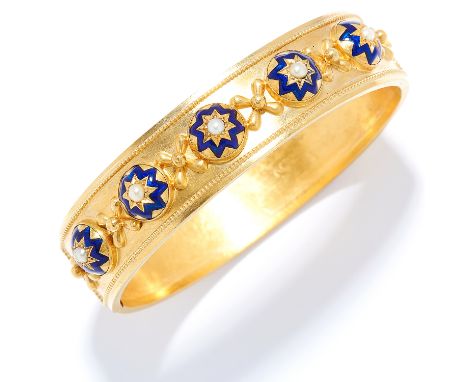 ANTIQUE ETRUSCAN REVIVAL PEARL AND ENAMEL BANGLE in high carat yellow gold, in Etruscan revival form set with seed pearls and