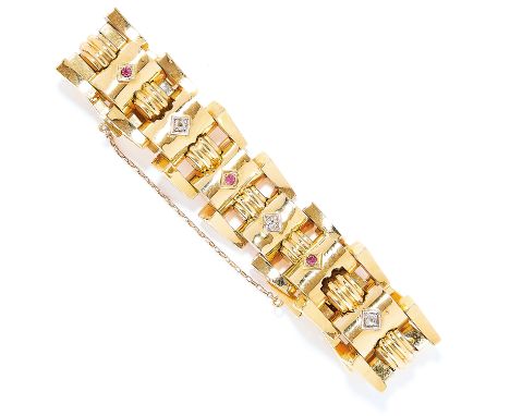 VINTAGE RUBY AND DIAMOND FANCY LINK BRACELET in 18ct yellow gold, set with alternating round cut rubies and old cut diamonds 