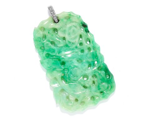 JADEITE JADE AND DIAMOND PENDANT in white gold or platinum, comprising of a carved jadeite jade disc with rose cut diamond se