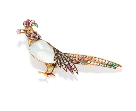 ANTIQUE PEARL, RUBY, EMERALD AND DIAMOND NOVELTY BIRD BROOCH in yellow gold, depicting a bird set with a baroque pearl, old a