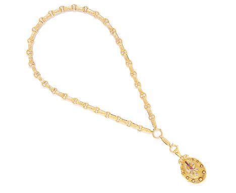 ANTIQUE RUBY AND DIAMOND LOCKET AND CHAIN in high carat yellow gold, the locket is set with rose cut diamonds and cushion cut