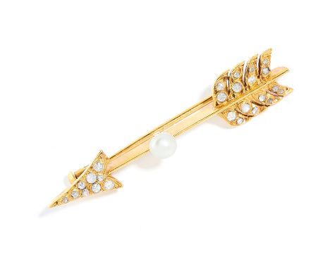 PEARL AND DIAMOND ARROW BROOCH in high carat yellow gold, in arrow motif set with a pearl and rose cut diamonds, 4.5cm, 4.7g.