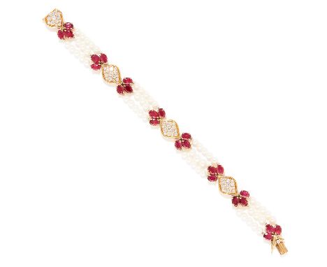 RUBY, DIAMOND AND PEARL BRACELET, VAN CLEEF AND ARPELS in 18ct yellow gold, comprising of links set with round cut diamonds a
