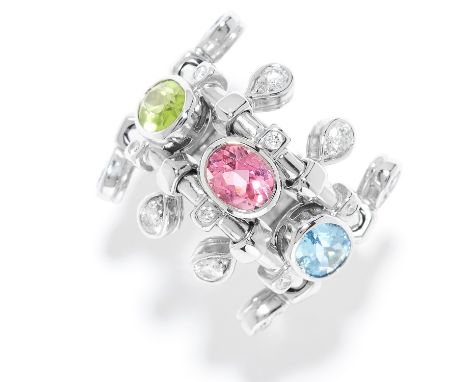 AQUAMARINE, TOURMALINE, PERIDOT AND DIAMOND RING, CHRISTIAN DIOR in 18ct white gold set with oval cut aquamarine, tourmaline 