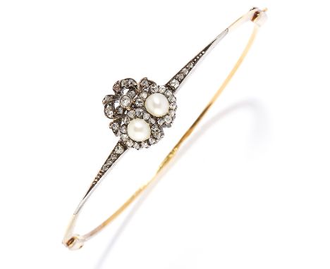 ANTIQUE PEARL AND DIAMOND SWEETHEART BANGLE in yellow gold and silver, in ribbon and heart motif set with pearls and rose cut