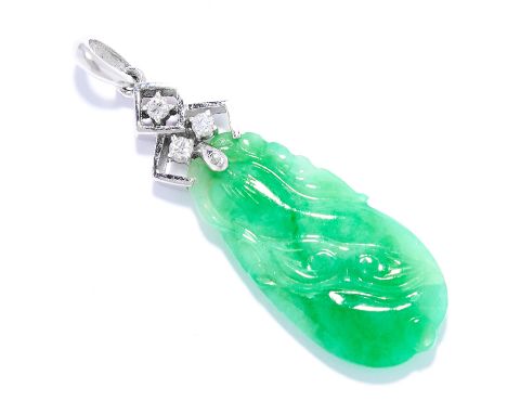 JADEITE JADE AND DIAMOND PENDANT in 14ct white gold, set with three round cut diamonds suspending a carved jadeite jade plaqu