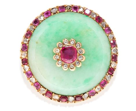 BURMA NO HEAT RUBY, DIAMOND AND JADEITE JADE BROOCH in 18ct yellow gold, the polished circular piece of jadeite set at the ce