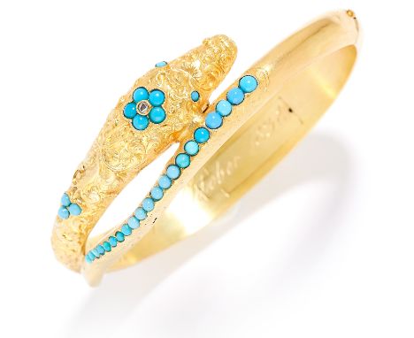 ANTIQUE TURQUOISE AND DIAMOND SERPENT / SNAKE MOURNING BANGLE, 19TH CENTURY in high carat yellow gold, designed as the body o