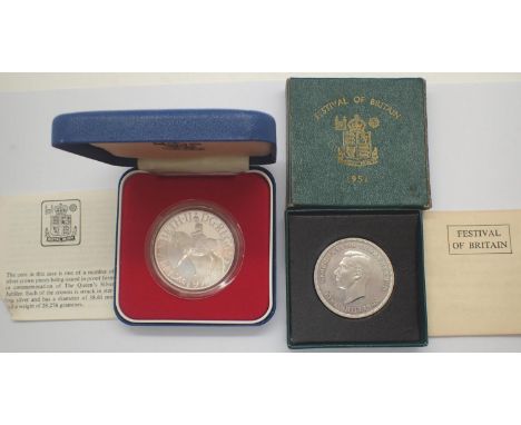Silver boxed 1977 crown and a 1951 Festival Of Britain example. P&amp;P Group 1 (£14+VAT for the first lot and £1+VAT for sub