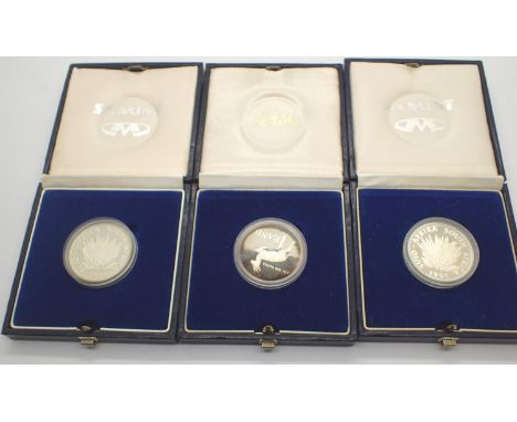 Boxed silver proof one rand coins, 1990, 1991, 1992 (3). P&amp;P Group 1 (£14+VAT for the first lot and £1+VAT for subsequent
