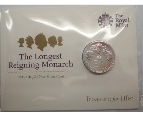 2015 £20 silver bullion, Longest Reigning Monarch. P&amp;P Group 1 (£14+VAT for the first lot and £1+VAT for subsequent lots)