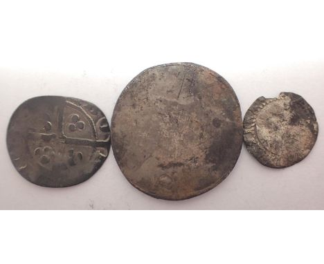 Three English hammered silver coins, halfpenny, penny and groat. P&amp;P Group 1 (£14+VAT for the first lot and £1+VAT for su