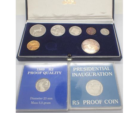 1988 South Africa uncirculated coin set (lacking one coin), 1989 proof two rand and 1994 proof five rand. P&amp;P Group 1 (£1