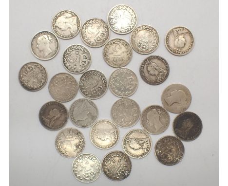 Twenty five silver threepences of Queen Victoria, dates 1883-1900, mixed grades. P&amp;P Group 1 (£14+VAT for the first lot a
