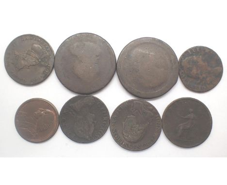 Seven Georgian copper coins and tokens. P&amp;P Group 1 (£14+VAT for the first lot and £1+VAT for subsequent lots) 