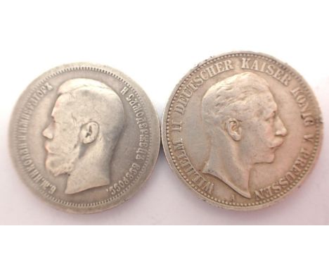 1907 Prussian silver two Marks, and a Russian silver fifty Kopeks (2). P&amp;P Group 1 (£14+VAT for the first lot and £1+VAT 