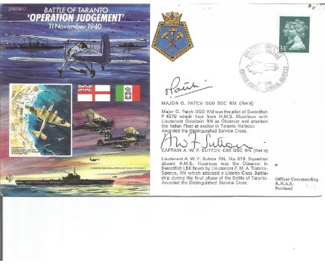 Major O Patch &amp; Captain A W F Sutton signed JS/50/40/7 cover Battle of Taranto 'Operation Judgement'. 34p GB QEII stamp. 