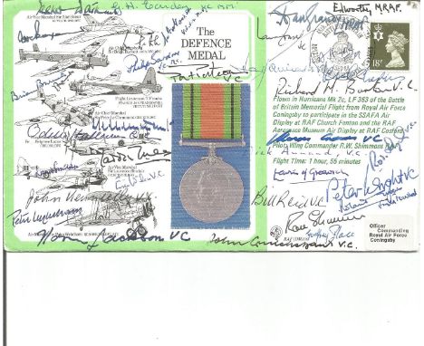 WW2 Award The Defence Medal cover signed by 32 WW2 DM medal winners. Includes Tasker Watkins VC, P Gardner VC, Odette Hallows