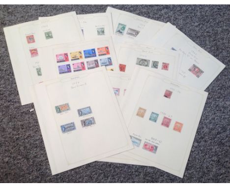 British commonwealth stamp collection on 14 loose album pages. Includes Ceylon, Falkland Islands, Gibraltar, Hong Kong, Irela